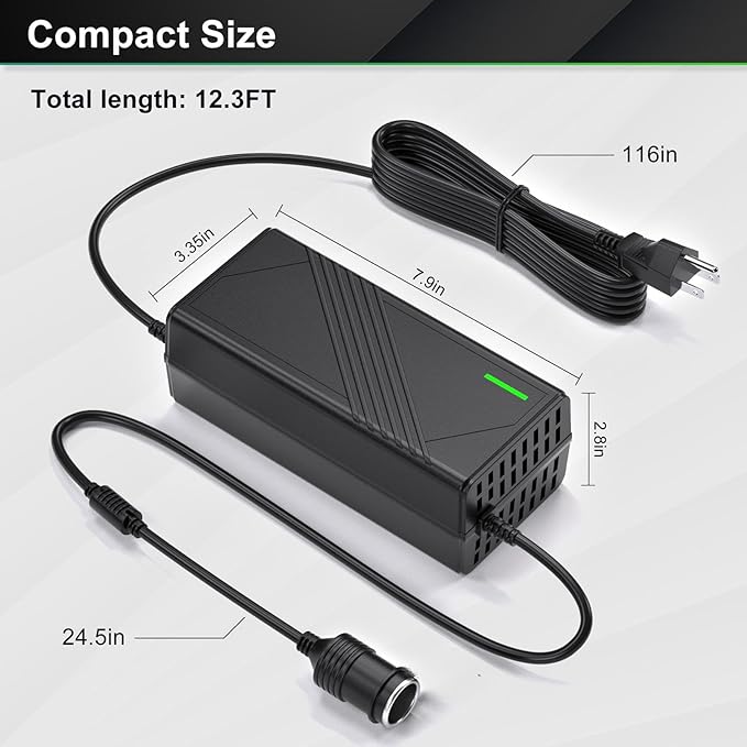 AC to DC Converter 20A/240W/12.36FT/110V-240V to 12V Converter Car Cigarette Lighter Socket AC/DC Power Adapter for Inflator, Car Refrigerator, Car Vacuum Cleaner and More