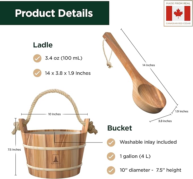 Sauna Bucket and Ladle Set - Handmade from Canadian Red Cedar Wood - Natural Rope Handle - 1 Gallon (4 Liters) Water Capacity