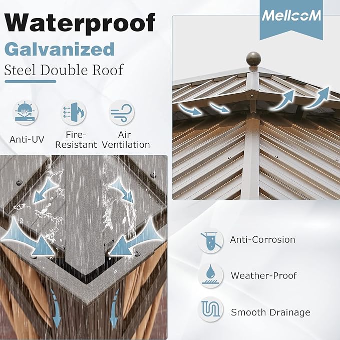 MELLCOM 12' x 20' Hardtop Gazebo,Galvanized Steel Metal Double Roof Aluminum Gazebos with Curtain and Netting,Brown Permanent Pavilion with Aluminum Frame for Patios,Gardens,Lawns