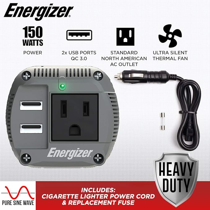 Energizer 150 Watt Power Inverter Pure Sine Wave Car Inverter, 12V to 110V Dual Mode Car Adapter, DC to AC Car Converter with Car Cigarette Lighter Plug, 110 Volts AC Outlet and 2 USB Ports