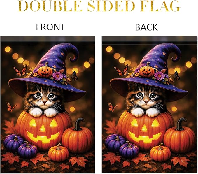 Fall Halloween Garden Flag Kitten Cat Flag 12x18 Inch Double-Sided Cute Pumpkin Witch Hat Yard Banner Autumn Outdoor Decor for Porch Lawn Pathway Cat Lover Holiday Gift