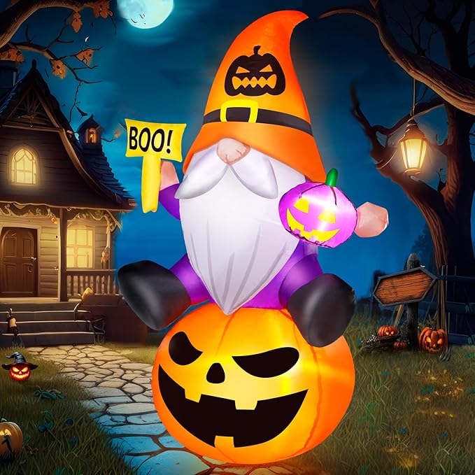 5FT Halloween Inflatables Gnome with Pumpkin Halloween Decoration Outdoor Built-in Brilliant LED Lights, Blow Up Yard Decorations Outdoor Indoor Garden Party Lawn