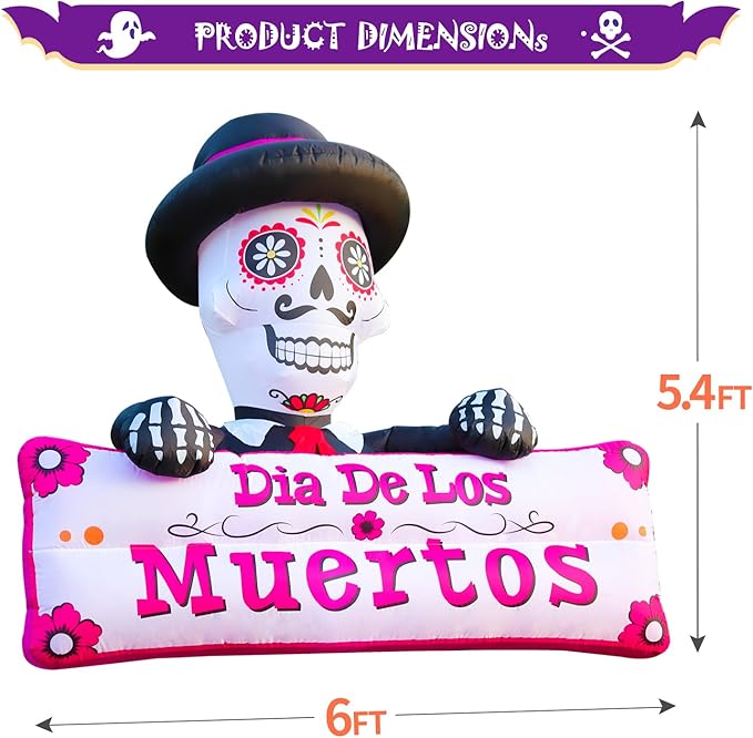 DomKom 6FT Halloween Inflatable Blow Up Decorations, Dia de Los Muertos Day of Dead Banner, Build-in LED Lights Holiday Blow Up Yard Decoration for Halloween Party Outdoor Garden Yard Lawn Decor