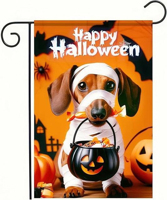 Halloween Decorations Outdoor Garden Flag 12x18 Inch Double Sided Dachshund Dog Pumpkin Ghost Skeleton Fall Decor Yard Lawn Porch Patio Banner Halloween Garden Flags