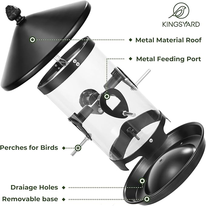Kingsyard Metal Hopper Bird Feeder for Outdoors Hanging with 8 Ports, 3 lbs Large Capacity Tube Bird Feeder with Seed Tray, Easy to Fill and Clean, Black