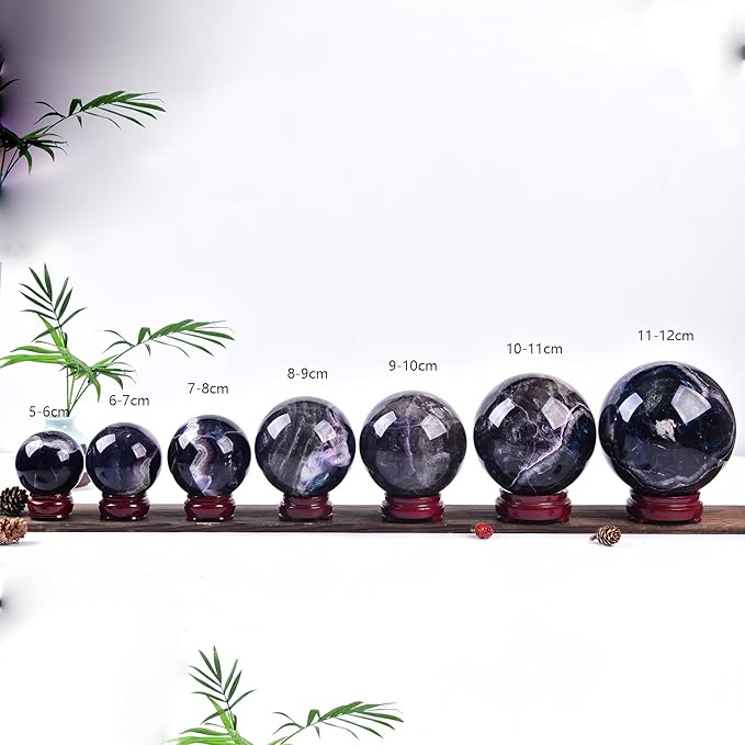 JIC Gem Natural Colorful Fluorite Crystal Sphere Decorative Ball with Wooden Stand Meditation Balls for Witchcraft Reiki Healing Gift 50-60mm