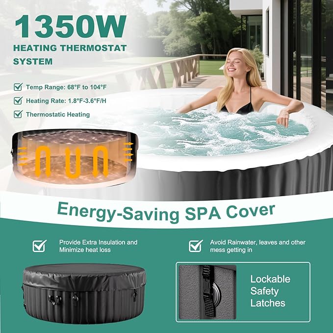 DoCred 2-4 Person Inflatable Hot Tub, 71" X 71" X 25" Round Blow up Portable Hot tub with 120 Bubble Jets, Large Outdoor Spa Bathtub Set Included Heater Pump, Insulated Cover and Filter