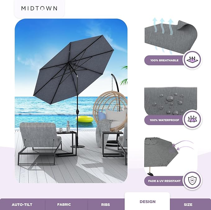 Midtown Umbrellas 10-Year-No-Fade - 10 Ft - UV Proof Heather Grey Polyester Fabric - Umbrella Outdoor Patio, Aluminum Frame Large Patio Umbrella for Garden, Pool & Deck - Black Pole