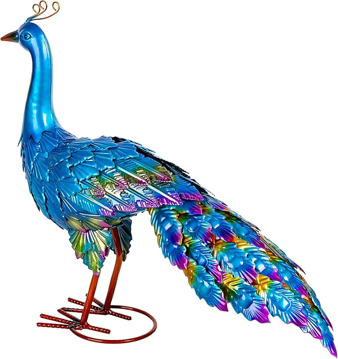 Peacock Yard Art Garden Decor Metal Peacock Outdoor Statue & Sculpture for Patio Lawn Backyard Decorations Vibrant Multicolor, Blue