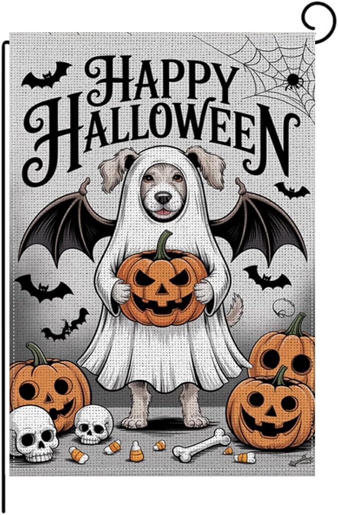 HTBIG Happy Halloween Garden Flag, Halloween Ghost Golden Retriever Dog Decor Flag, Yard Flags for Outside 12x18 inch, Outside Yard for Home Decorations