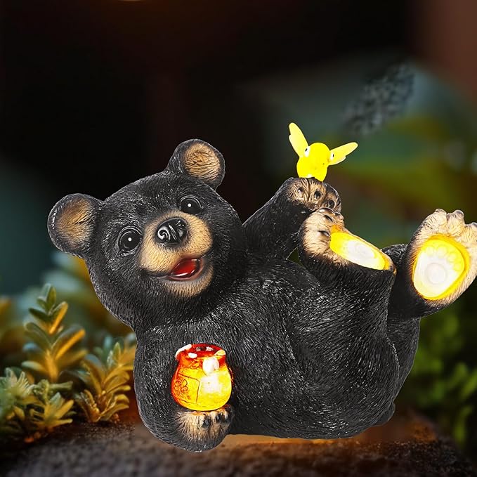 Solar Bear Garden Statues, Resin Garden Decor, Waterproof Black Bear Figurine,Solar Animals for Yard and Garden,Gifts for Mom, Women
