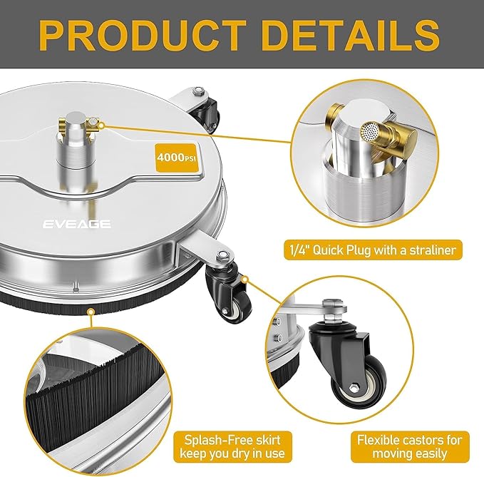 EVEAGE 16.5" Pressure Washer Surface Cleaner, Power Washer Surface Cleaner w/Extension Wand & Replacement Nozzle, 4 Wheels - Powerful Pressure Washer Attachment for Patios,4000PSI
