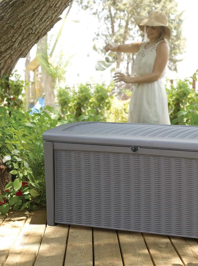 Keter Borneo 110 Gallon Storage Box, All-Weather Wicker Rattan-Style Resin Deck Box and Stylish Outdoor Bench with Piston-Assisted Lockable Lid, Grey