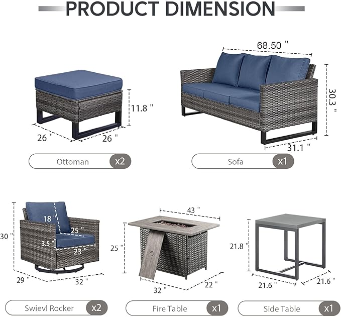7 Piece Wicker Patio Furniture with Fire Pit Table - Outdoor Conversation Set with 50,000 BTU Fire Pit, All Weather Rattan Patio Set for Deck Backyard Garden - Grey Wicker Blue Cushion