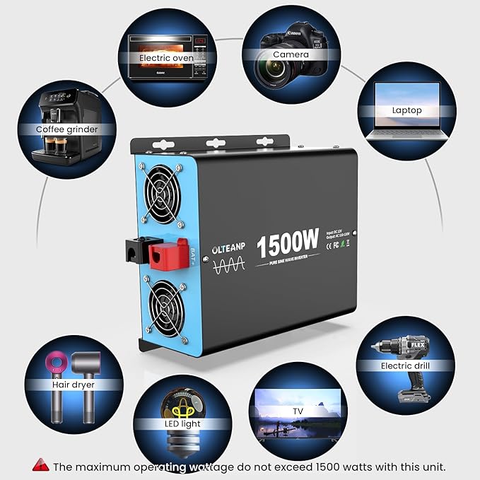 New Upgraded 1500 Watts Pure Sine Wave Inverter, 12V DC to 110V AC Power Inverter with 4 AC Outlets, USB Port, Type-C Port for Truck, Vehicle, Power Outage, Remote Control with LCD Screen
