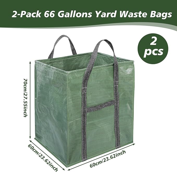 2 Pack 66 Gallons Reusable Yard Waste Bags, Upgrade Heavy Duty Foldable Garden Leaf Bag, Self-Standing Lawn Bags with Reinforced Handles, Keep Upright (23.6" L × 23.6" W × 27.5" H)