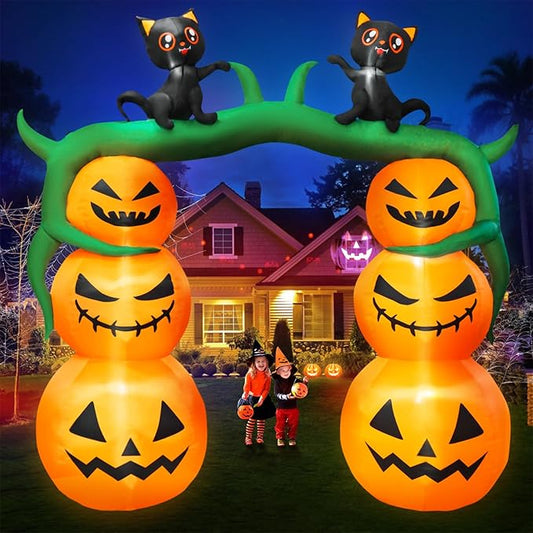 DearSun 9FT H Giant Halloween Inflatable Pumpkin Archway with Two Black Witch's Cats, Halloween Inflatable Arch with Build-in LED Lights Outdoor Decorations Large Party Yard Decoration