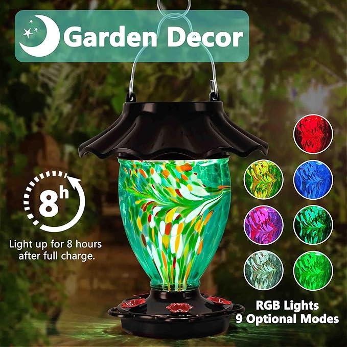 LUJII Solar Powered Color Changing Hummingbird Feeder for Outdoors Hanging, Hand Blown Glass Reservoir, 32 fl.oz, Never Leak, Illuminated Lantern for Garden Decor, for Bird Lover (Teal)