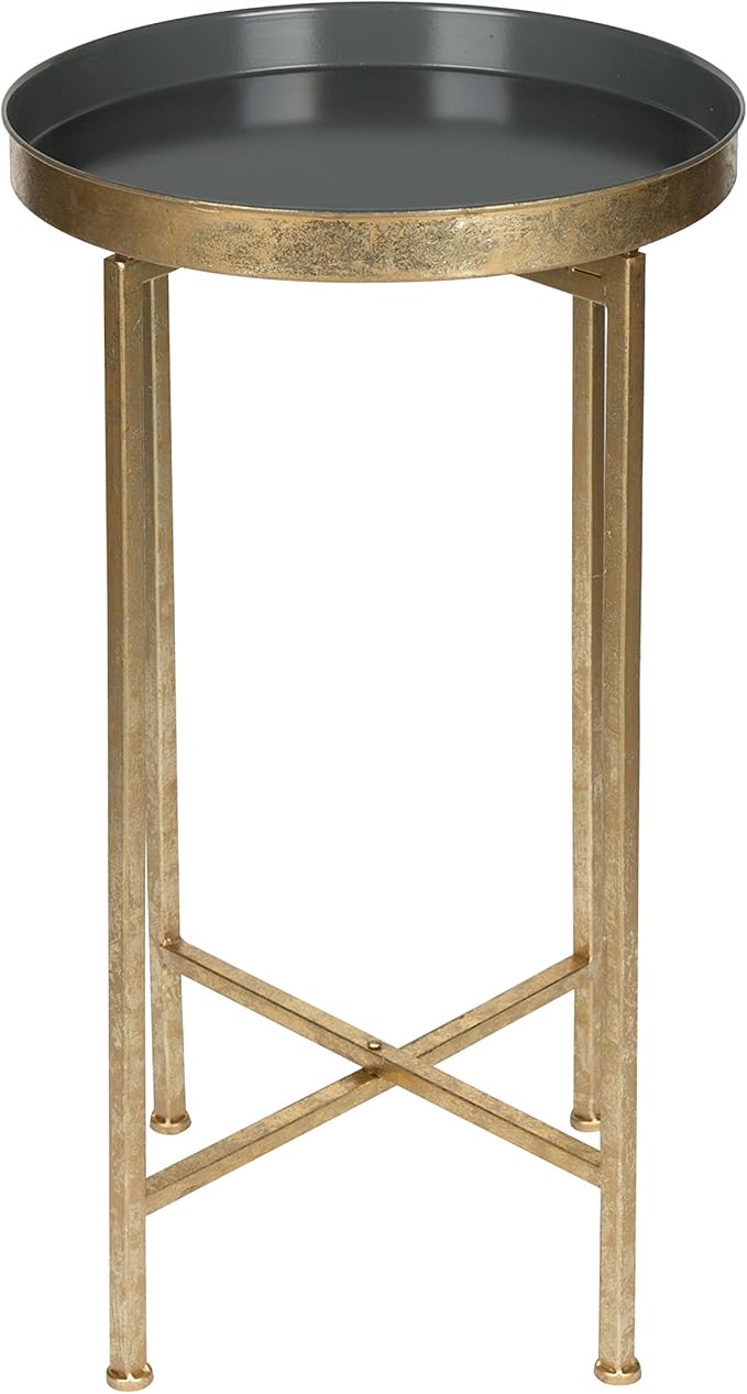 Kate and Laurel Celia Round Metal Foldable Tray Accent Table, Gray with Gold Base