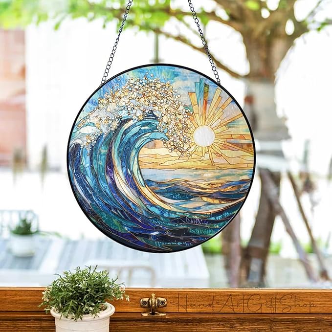 The Ocean Waves and The Sunrise Suncatcher -7.9 in Stained Glass Window Hanging Sun Catcher Garden Decor