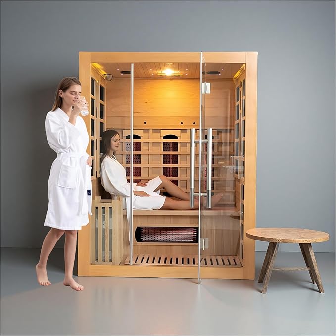 Luxury Dual-System Wood Sauna Room for 3-4 Person, Hybrid Indoor Sauna Spa,Canadian Hemlock, 4.5KW Heater, 195°F Steam+149°F Far Infrared, 10 Heating Elements, 220V, Oxygen Ionizer, 8mm Tempered-grass