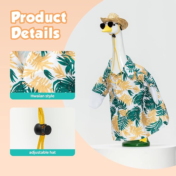 2 Set Porch Goose Outfits Hawaiian Summer Costume with Straw Hat and Glasses and Happy Birthday Outfit with Cake Hat and Bandana for 23" 17" Cement Plastic Goose Duck Lawn Decorations