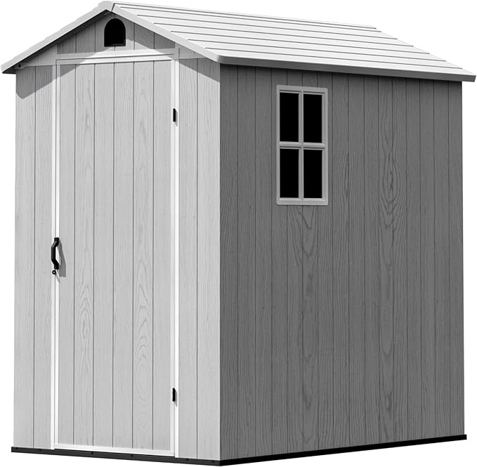 Greesum 4x6FT Plastic Outdoor Storage Shed with Floor, Resin Storaged Sheds with Lockable Door, Window & Vent, All-Weather Tool House for Garden, Backyard, Patio, Light Gray (One-Piece Panel)