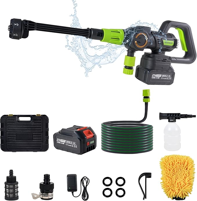 1100PSI Portable Cordless Pressure Washer - 4.0Ah Long-Lasting Battery, Powerful Brushless Motor, 3 Pressure Levels, 6-in-1 Nozzle, Foam Cannon, Perfect for Car Yard Cleaning Garden Watering