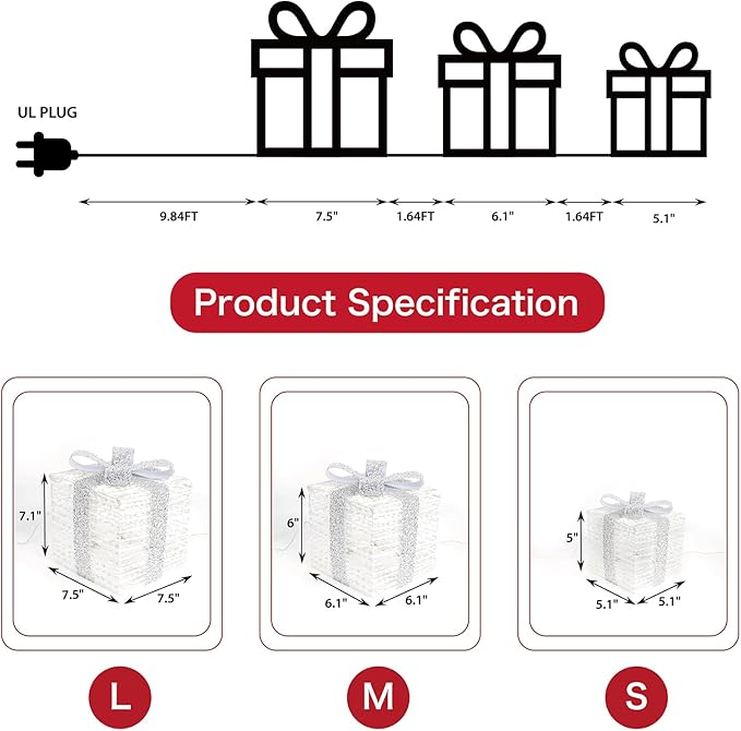 Set of 3 Christmas Lighted Gift Boxes, Plug-in 140 LED Light Up Present Boxes for Christmas Decorations Indoor Home Porch Wedding Holiday Birthday Party (Silver Bow)