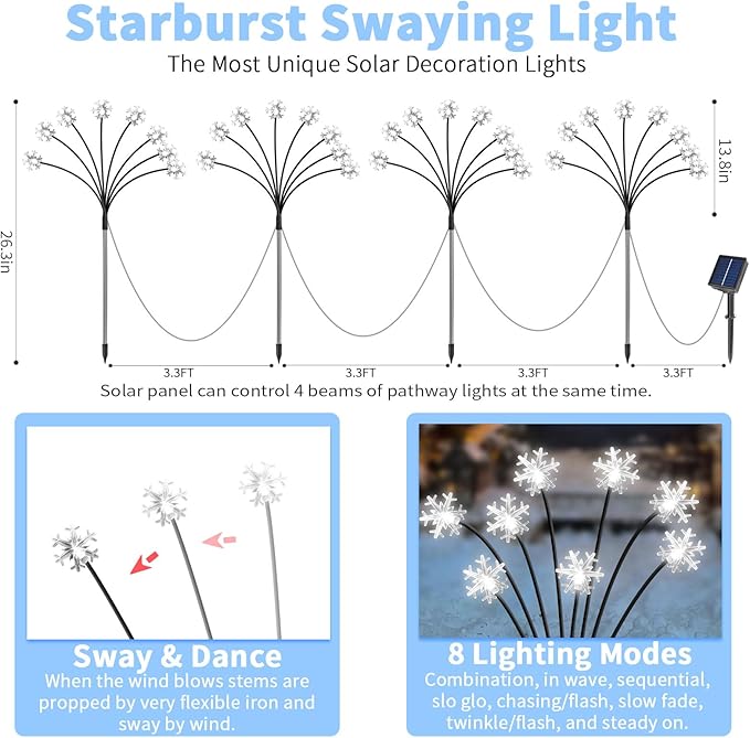 Set of 4 Snowflake Solar Christmas Decorations, 8 Modes Swaying Garden Lights, Outdoor Pathway Solar Christmas Stake Lights, Upgraded Base on Firefly Light for Lawn Decor (White)