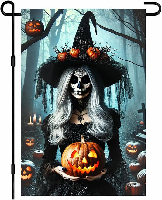Halloween Garden Flag 12x18 Inch Gothic Witch Holding Pumpkin Scary Skeleton Woman Yard Banner Spooky Outdoor Halloween Decoration for Porch Lawn Graveyard