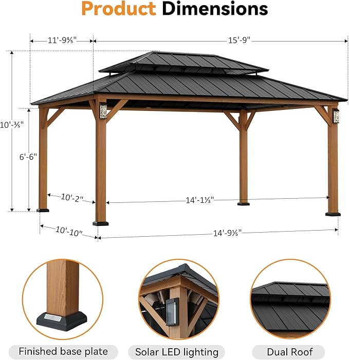 Modern Shade The Horizon Hardtop Gazebo 12' x 16' with 4 LED Lights, Permanent Outdoor Gazebo with Galvanized Steel Double Roof, Grill Pavilion with Decor Hooks, Mosquito Nettings, Wood-Looking