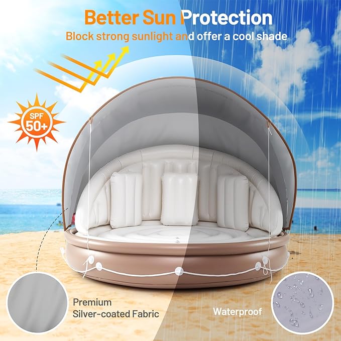Moccha Inflatable Island with Canopy - 440 lbs Party Floats with SPF50+ Retractable Detachable Sunshade & 3 Pillows, 2-3 Person Tanning Lounger, 73” Pool Daybed, Floating Island for Lake