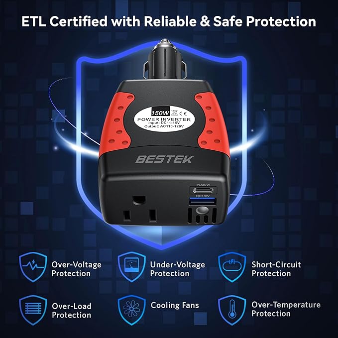 BESTEK 150W Car Power Inverter, Car Charger DC 12V to 110V AC Converter PD 30W QC 3.0 18W USB Charger Laptop Car Charger Outlet Power Adapter for Car