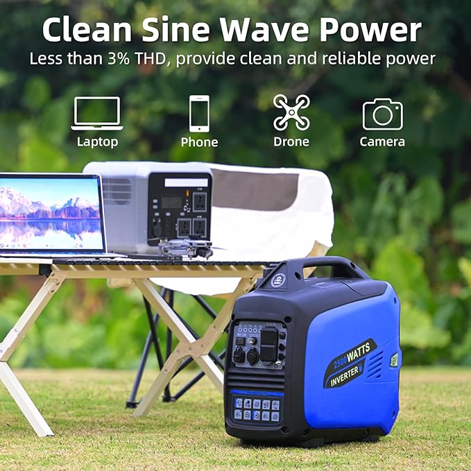 Portable Inverter Generator 2500W Gas Powered, Quiet Generators for Home Use, Camping, Emergency Home Backup, Parallel Ready, with CO Sensor and Fuel Gauge, EPA Compliant, Blue