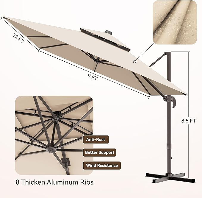 9x12 FT Patio Umbrella, Large Cantilever Rectangular Double Top Heavy Duty Offset Umbrellas with 360° Rotation, Outdoor shade for Garden Deck Pool, Beige