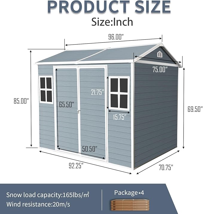 8x6 FT Resin Outdoor Storage Shed with Floor, Windows & Lockable Doors Waterproof All-Weather Garden Shed for Backyard, Patio, and Lawn Equipment Storage, Light Grey