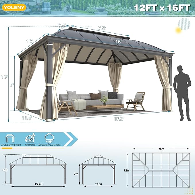 YOLENY 12'x16' Hardtop Gazebo, Permanent Outdoor Aluminum Patio Gazebo with Aluminum Composite Double Arc Roof for Patio Lawn and Garden, Curtains and Netting Included