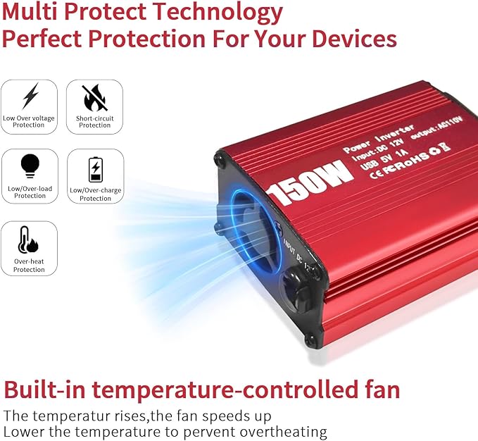 150W Power Inverter 12V DC to 110V AC Car Laptop Charger Fast Charger Converter with 2 USB Ports Car Laptop Charger, Car Adapter for Plug Outlet