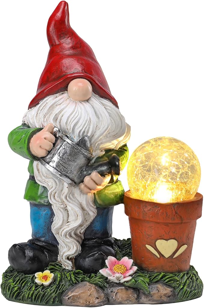 Garden Gnome Statue, Resin Pots with Crack Ball Gnome Figurine with Solar Lights for Porch Patio Yard Outdoor Decor