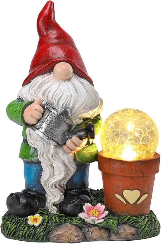 Garden Gnome Statue, Resin Pots with Crack Ball Gnome Figurine with Solar Lights for Porch Patio Yard Outdoor Decor