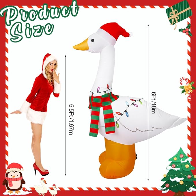 6Ft Christmas Goose Inflatable with Built in LED Lights Goose Xmas Blow-Up Lawn Decoration for Winter Home Garden Yard Holiday Party Indoor Outdoor Decor