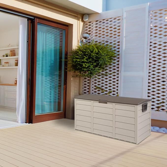 75 Gallon Resin Deck Box, Waterproof Outdoor Storage Box with Wheels, Lockable Lid and Handles, Large Deck Storage for Outdoor Gear, Patio Furniture Cushion, Gardening Tools, Brown