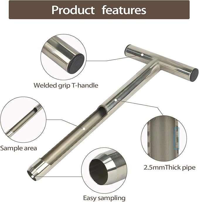 HiHydro 12 Inch Stainless Steel Soil Probe with 2 Sample Bags, T-Handle Soil Test Kit for Plant Care, Garden, Lawn, Farm