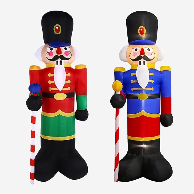 2 Packs 8ft Nutcracker Soldier Christmas Inflatable Decor for Yard/Outdoor/Lawn/Porch Decor (Red/Blue Nutcracker)