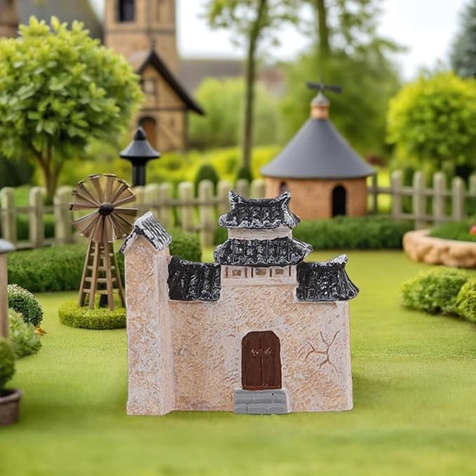DECHOUS 10Pcs Miniature Village House: Resin Miniature Fairy Garden Houses with Chinese Stone Lion Statue - Micro Landscape Cottage Ornaments Kit for DIY Garden Bonsai Terrarium