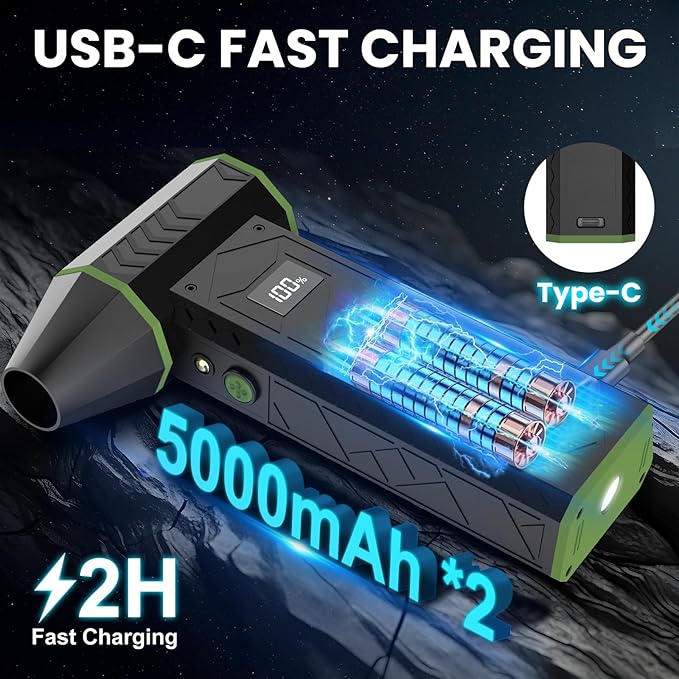 Compressed Air Duster with Flashlight, 180000RPM Electric Air Duster with 4 Gear, 10000mAh Rechargeable Air Blower with LED Light, Air Duster for Car, Computer, Keyboard, Outdoors, Home (Green)