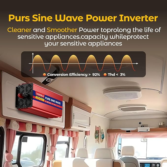 4000W Pure Sine Wave Inverter, 12V DC to 110V/120V AC Power Inverter for RV、Off Grid with 2 AC outlets and LCD Display