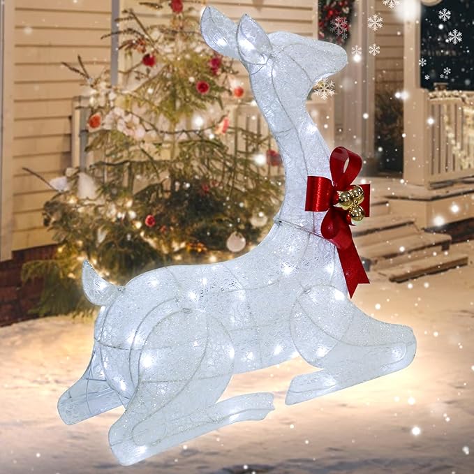 27" Christmas Deer Outdoor Decoration with Lights,3D Lighted-up Xmas White Reindeer with Red Bow and Bell Christmas Ornament,Kneeling Deer Perfect for Lawn Porch Indoor Outdoor Holiday Decor