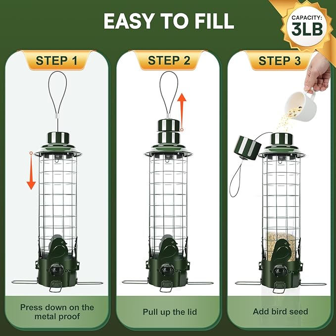 Squirrel Proof Bird Feeder,Outdoors Hanging Gravity Protection Squirrel-Proof Mesh Metal Bird Feeders,Easy Cleaning,3LB Capacity Outside Wild Birdfeeders with Finch Cardinal Chickadee-Green